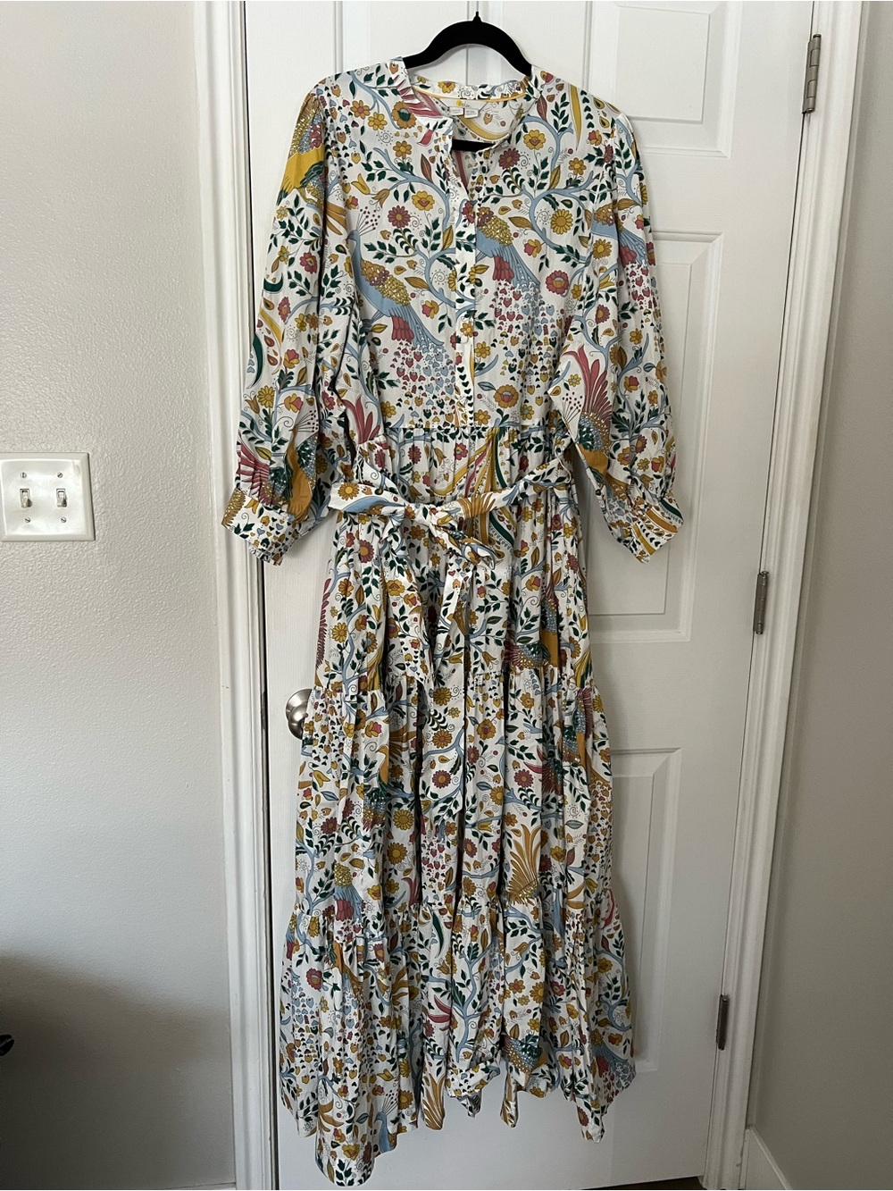 Boden White Floral Tiered Maxi Dress with Yellow, Green & Blue Accents